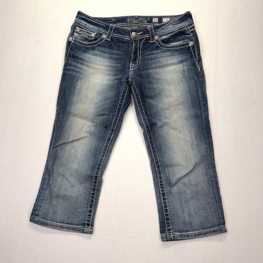 Miss Me Capri Jeans Womens 30 Blue Medium Wash Rhinestone Embroidered JP5418P - Picture 2 of 12